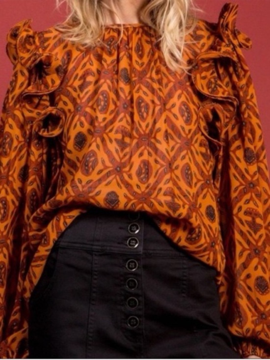 Ulla Johnson Tops - Ulla Johnson Medine Blouse in Ochre Silk Ruffle Orange Printed Size 4